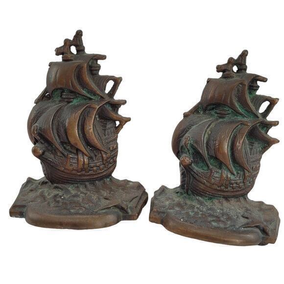 Vintage English Galleons Bronze‎ Heavy Metal Pair of Signed Bookends